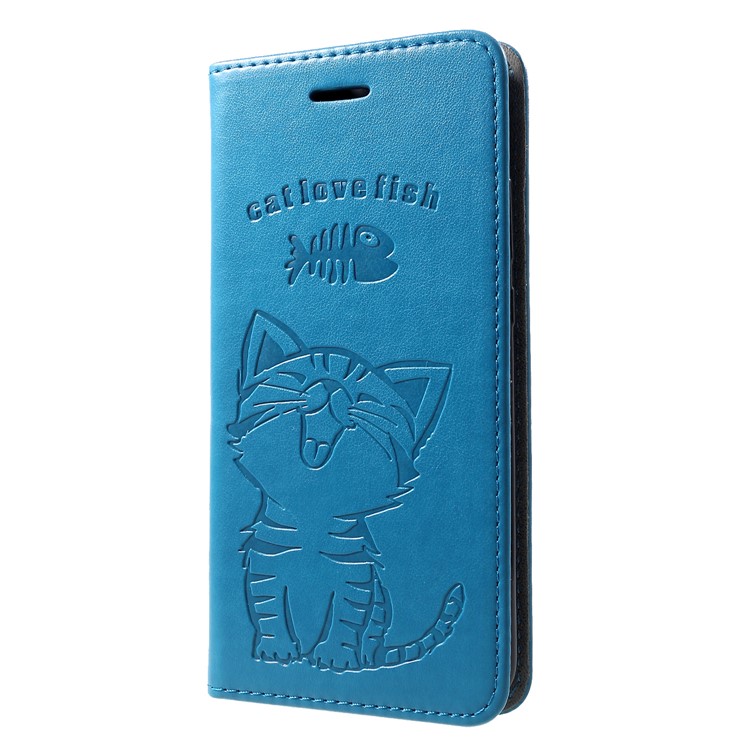 For Huawei Honor 10 Lite Imprint Cat and Fish Bone Wallet Stand Leather Cell Phone Cover - Baby Blue-3