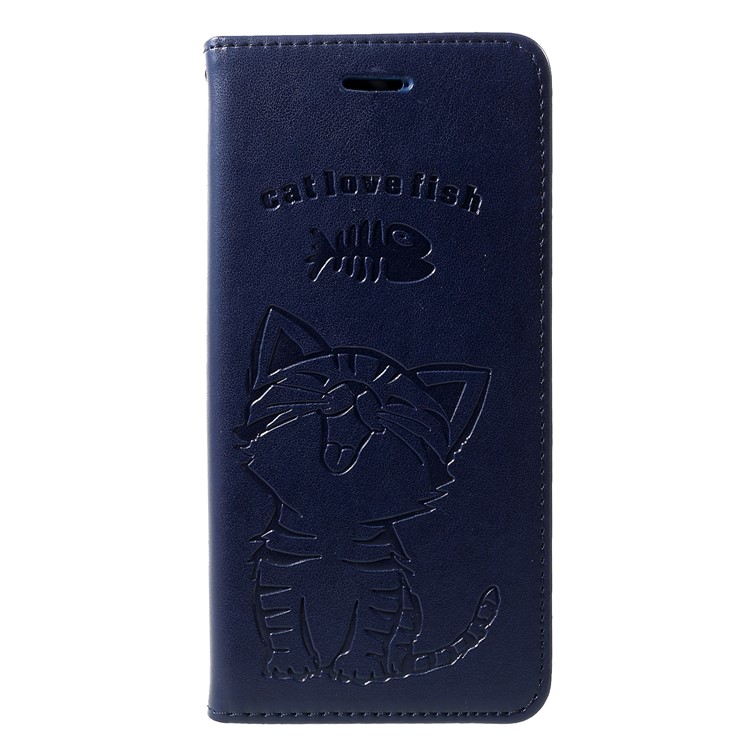 For Huawei Honor 10 Lite Imprint Cat and Fish Bone Wallet Stand Leather Flip Cover - Dark Blue-1