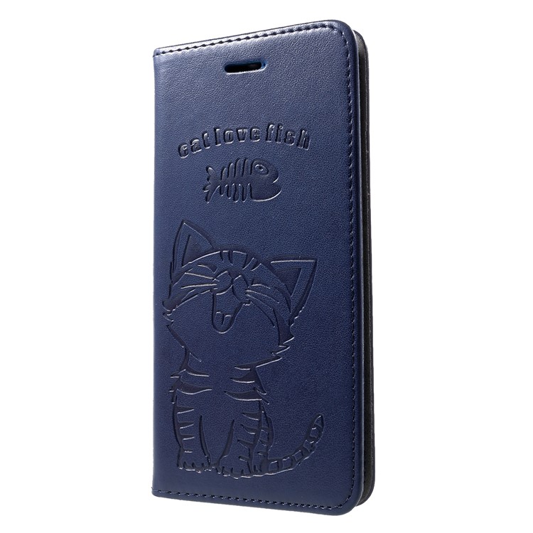 For Huawei Honor 10 Lite Imprint Cat and Fish Bone Wallet Stand Leather Flip Cover - Dark Blue-3