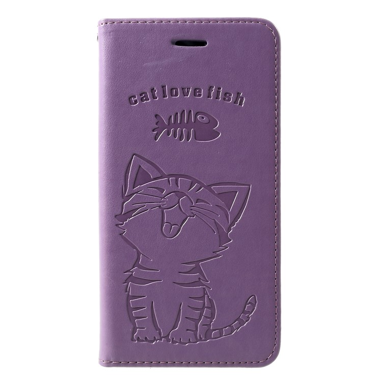 For Huawei Honor 10 Lite Imprint Cat and Fish Bone Wallet Stand Leather Flip Shell - Purple-1