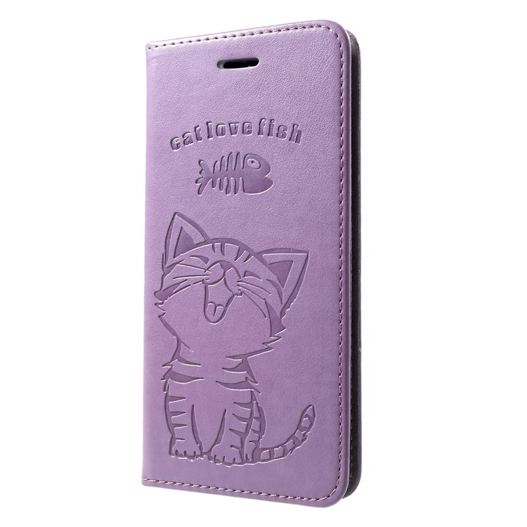 For Huawei Honor 10 Lite Imprint Cat and Fish Bone Wallet Stand Leather Flip Shell - Purple-3