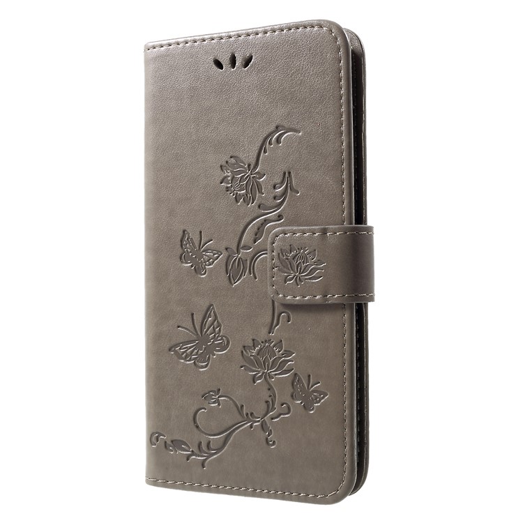 Imprint Butterfly Flowers Leather Stand Wallet Shell for Huawei Honor 10 Lite - Grey-3