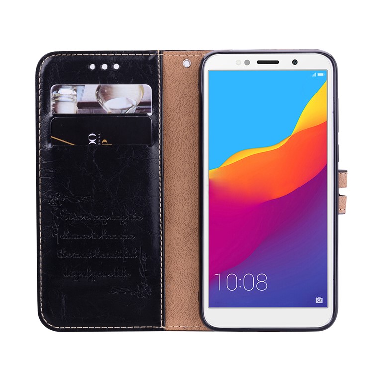 HAT PRINCE Oil Wax PU Leather Wallet Phone Casing for Huawei Y5 (2018) / Y5 Prime (2018) / Honor 7s / Play 7 - Black-5