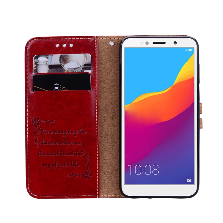 HAT PRINCE Oil Wax PU Leather Wallet Phone Cover for Huawei Y5 (2018) / Y5 Prime (2018) / Honor 7s / Play 7 - Red-5