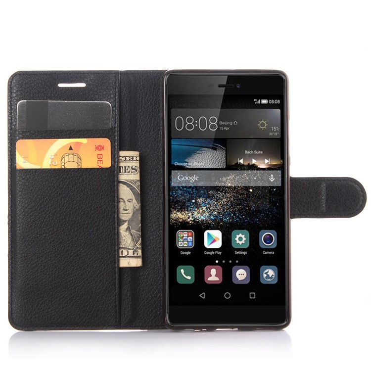 For Huawei P9 Lychee Leather Wallet Case Cover - Black-3