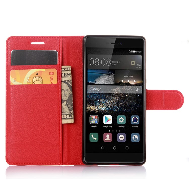 For Huawei P9 Lychee Leather Wallet Case Stand Cover - Red-3