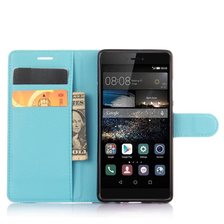 For Huawei P9 Lychee Leather Wallet Stand Case Cover - Blue-3