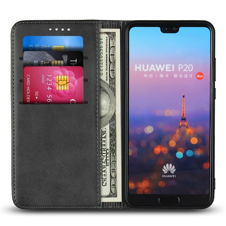 Auto-absorbed Leather Wallet Case with Stand for Huawei P20 - Black-4