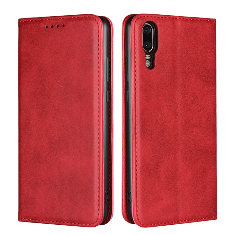 Auto-absorbed Leather Wallet Cover with Stand for Huawei P20 - Red-1