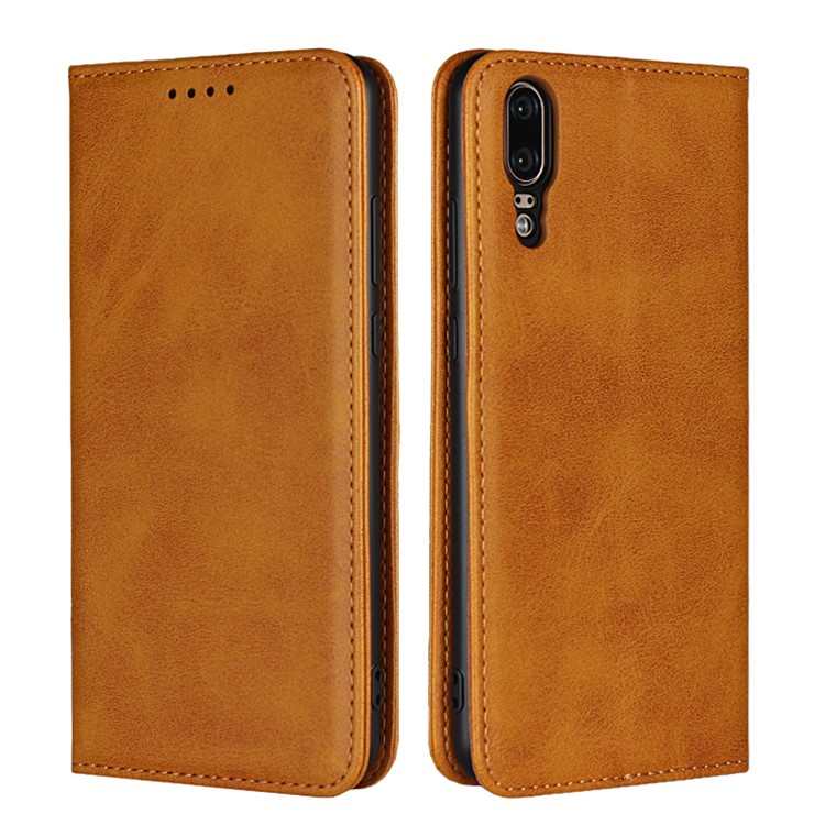 Auto-absorbed Leather Wallet Shell with Stand for Huawei P20 - Brown-1