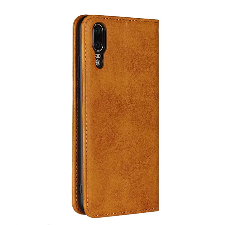 Auto-absorbed Leather Wallet Shell with Stand for Huawei P20 - Brown-3
