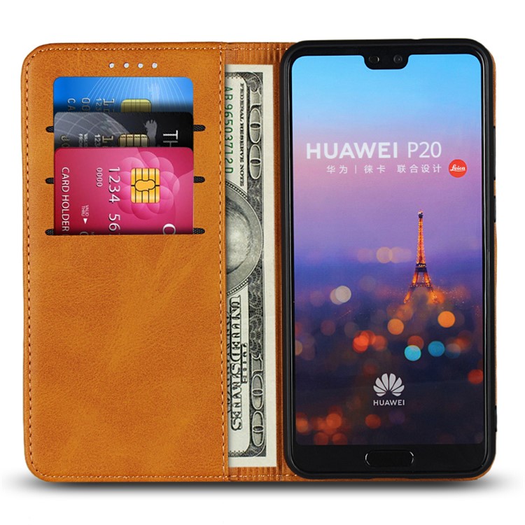 Auto-absorbed Leather Wallet Shell with Stand for Huawei P20 - Brown-4