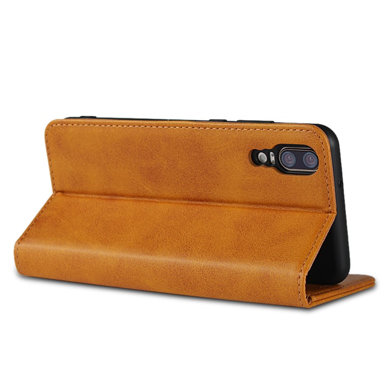 Auto-absorbed Leather Wallet Shell with Stand for Huawei P20 - Brown-5