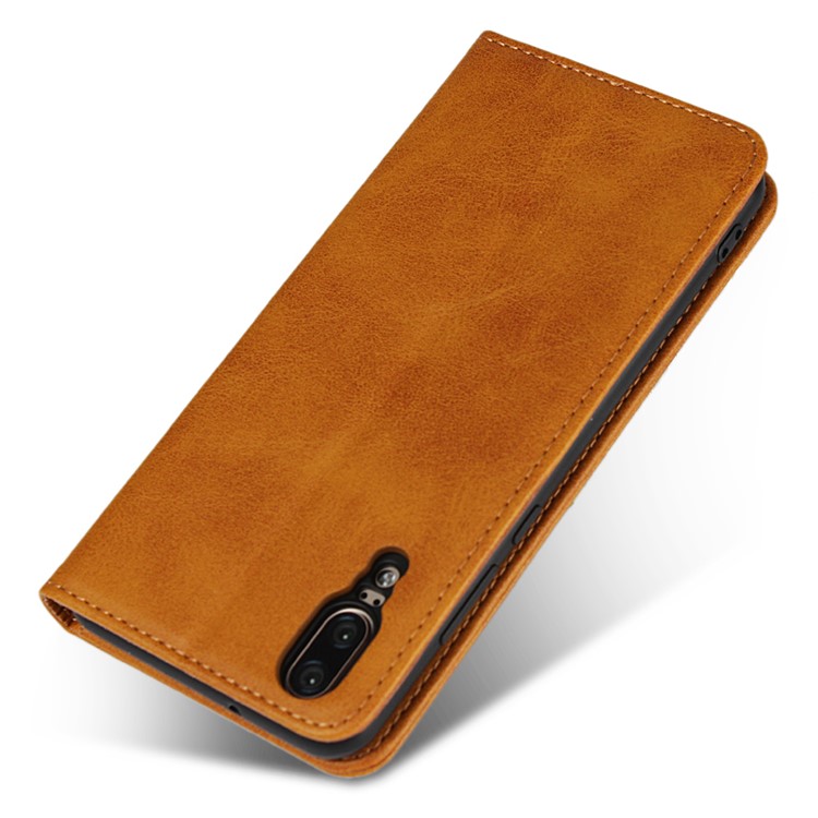 Auto-absorbed Leather Wallet Shell with Stand for Huawei P20 - Brown-6