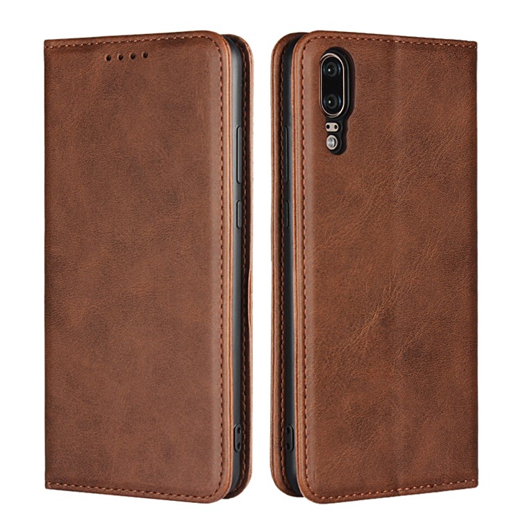 Auto-absorbed Leather Wallet Casing with Stand for Huawei P20 - Coffee-1
