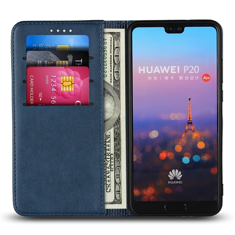 Couro Auto-absorvido 3 Slots De Cartão Estojo Protetor Com Suporte Para Huawei P20 - Azul-4