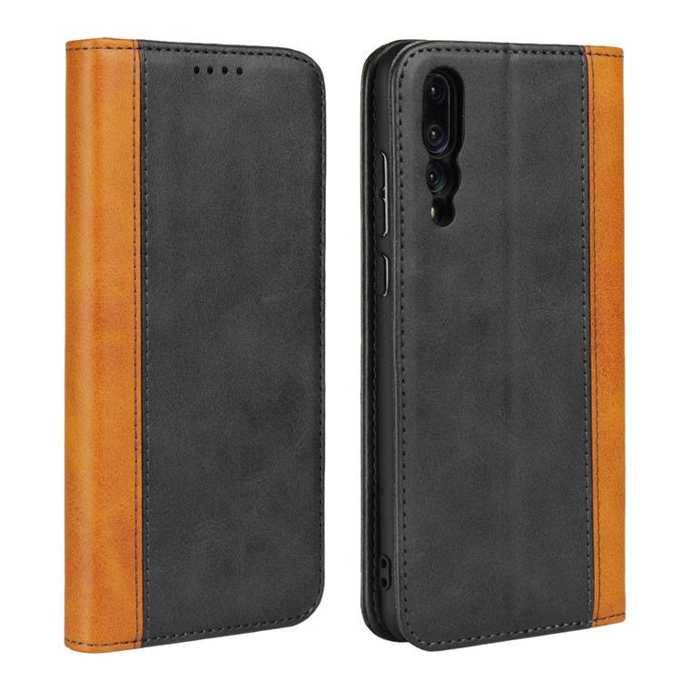 Bi-colour Splicing Magnetic Case Stand Leather Wallet Case for Huawei P20 Pro - Black-1