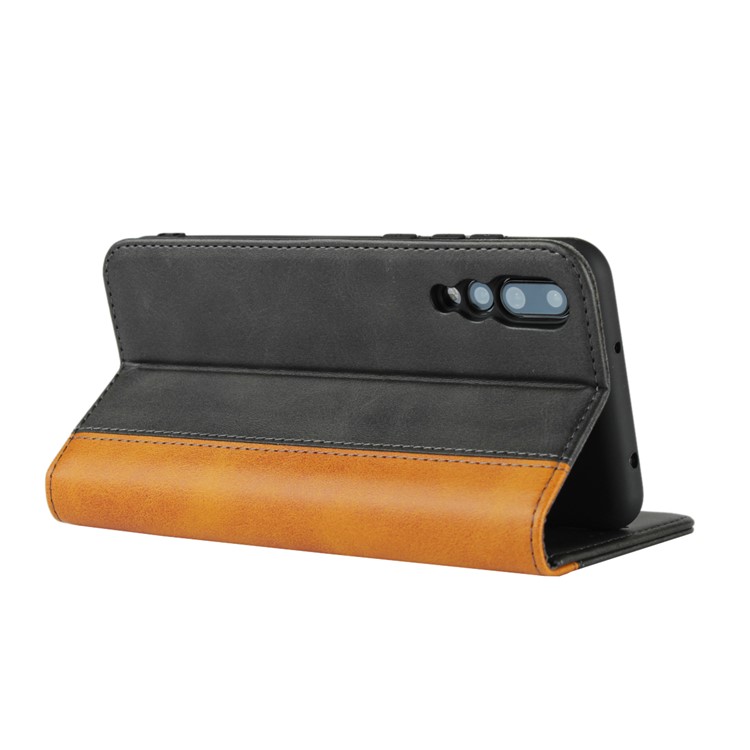 Bi-colour Splicing Magnetic Case Stand Leather Wallet Case for Huawei P20 Pro - Black-4
