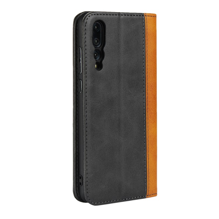 Bi-colour Splicing Magnetic Case Stand Leather Wallet Case for Huawei P20 Pro - Black-7
