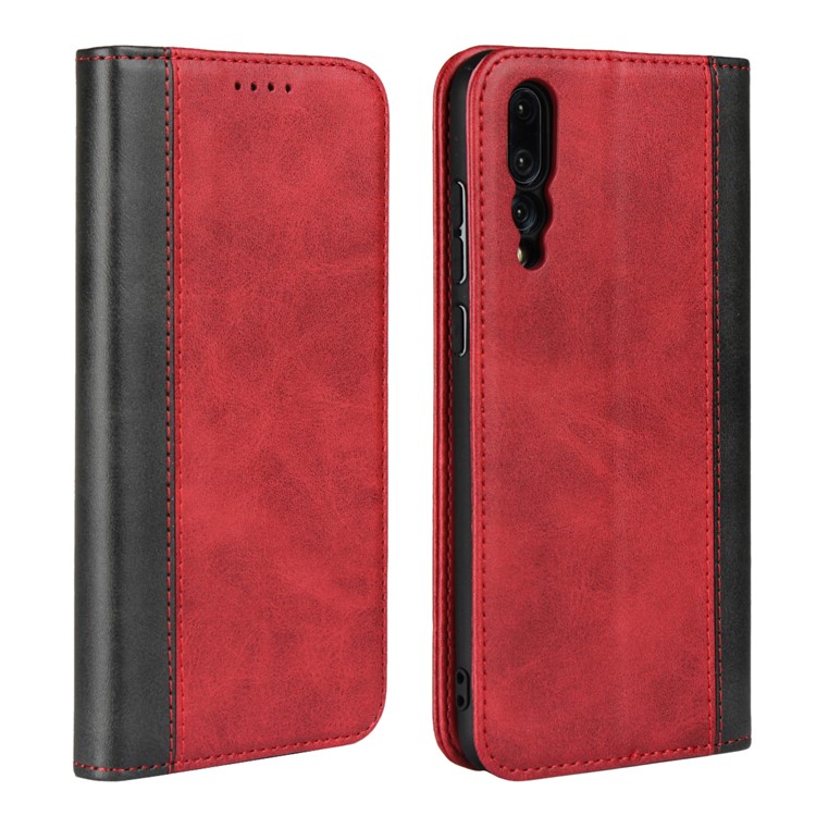 Bi-colour Splicing Magnetic Case Stand Leather Wallet Cover for Huawei P20 Pro - Red-1