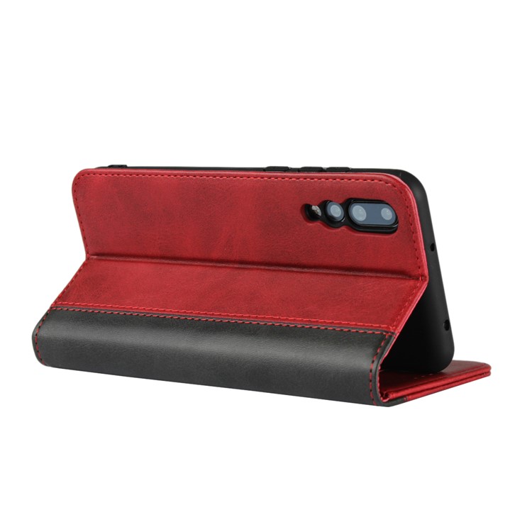 Bi-colour Splicing Magnetic Case Stand Leather Wallet Cover for Huawei P20 Pro - Red-4