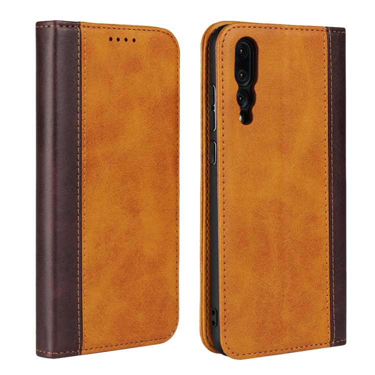 Two Tone Splicing Magnetic Case Stand Leather 3 Card Slots Casing for Huawei P20 Pro - Brown-1