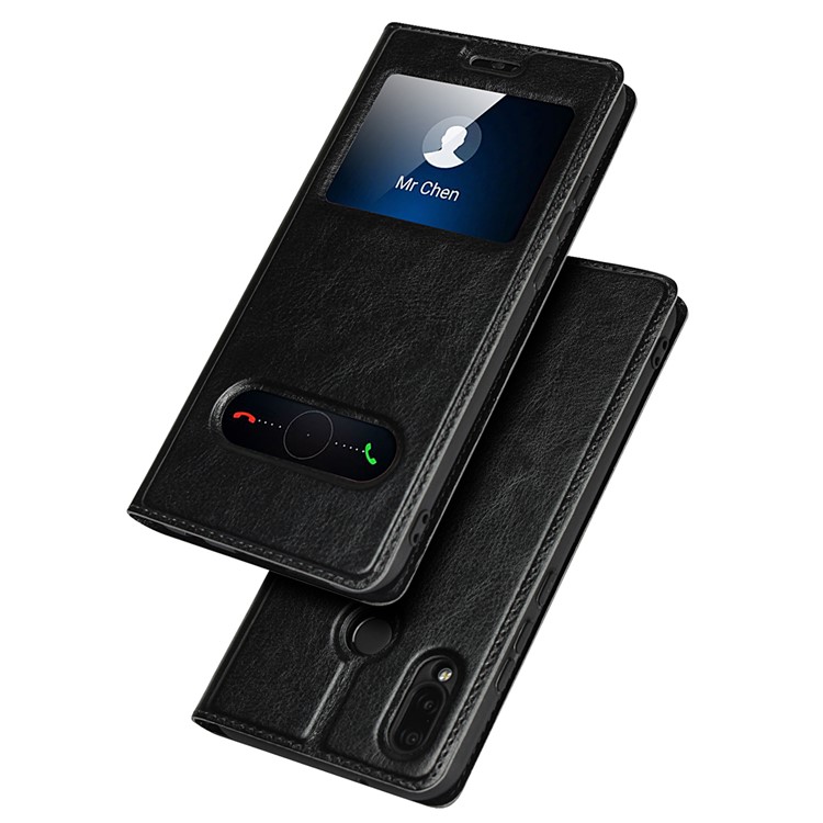 Dual View Window Crazy Horse Texture PU Leather Case for Huawei P20 Lite / Nova 3e (China) - Black-2