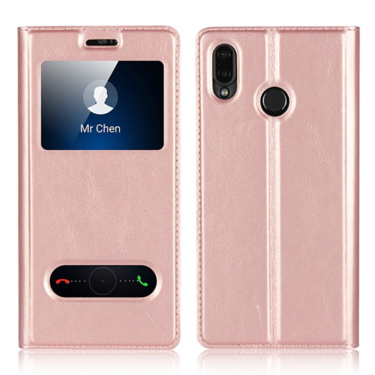 Dual View Window Crazy Horse Texture PU Leather Shell for Huawei P20 Lite / Nova 3e (China) - Pink-1