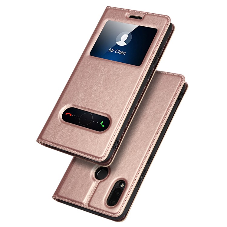 Dual View Window Crazy Horse Texture PU Leather Shell for Huawei P20 Lite / Nova 3e (China) - Pink-2