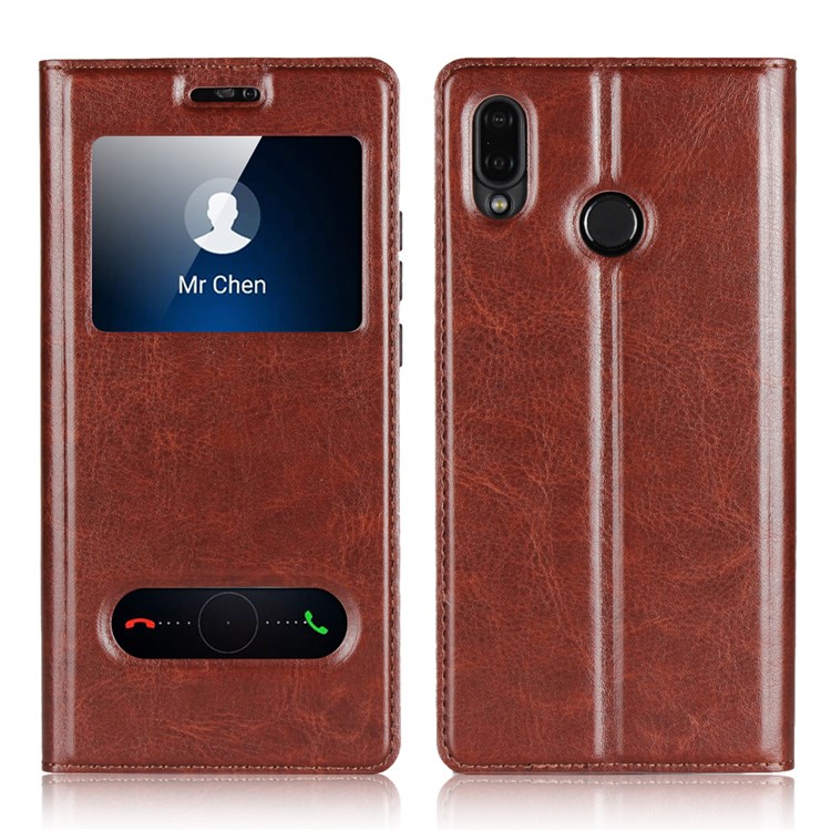 Dual View Window Crazy Horse Texture PU Leather Casing for Huawei P20 Lite / Nova 3e (China) - Brown-1