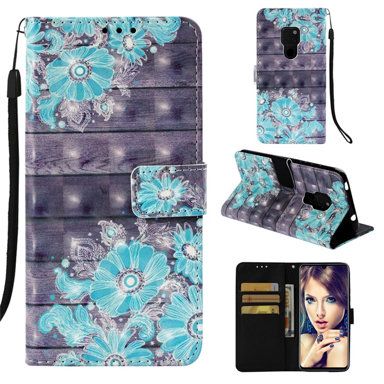 Light Spot Decor Pattern Printing PU Leather Flip Shell for Huawei Mate 20 - Blue Flower-1