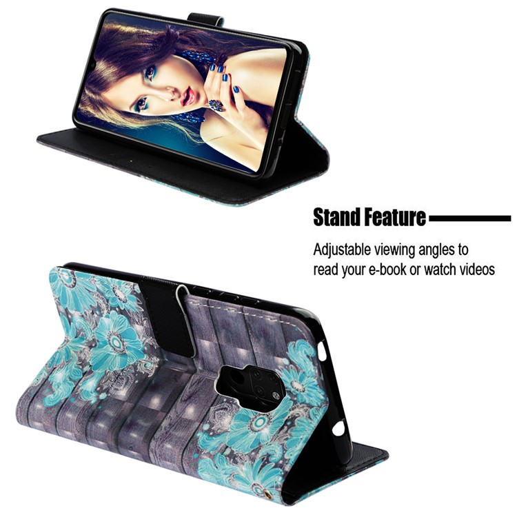 Light Spot Decor Pattern Printing PU Leather Flip Shell for Huawei Mate 20 - Blue Flower-4