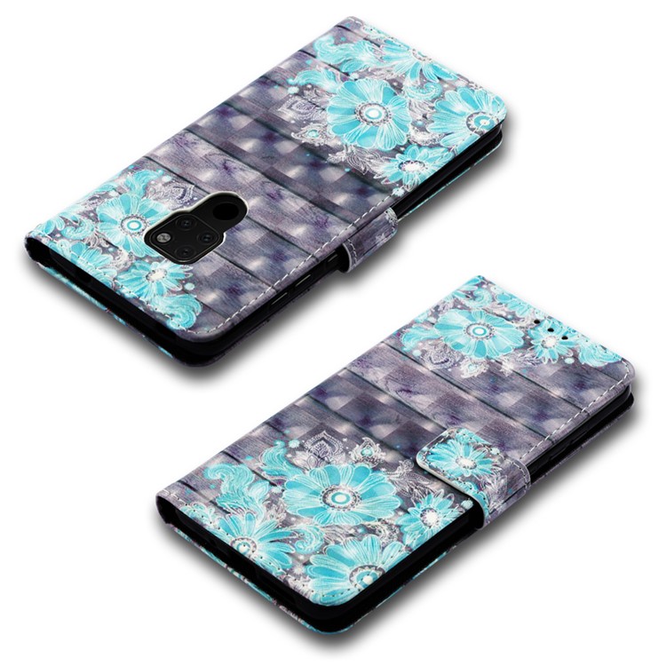 Light Spot Decor Pattern Printing PU Leather Flip Shell for Huawei Mate 20 - Blue Flower-7