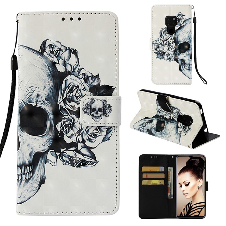 Light Spot Decor Pattern Printing PU Leather Magnetic Case Cover for Huawei Mate 20 - Flowered Skull-1