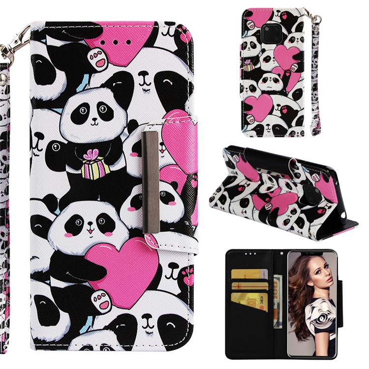 Pattern Printing PU Leather Phone Case with 3 Card Slots for Huawei Mate 20 Pro - Cute Pandas-1