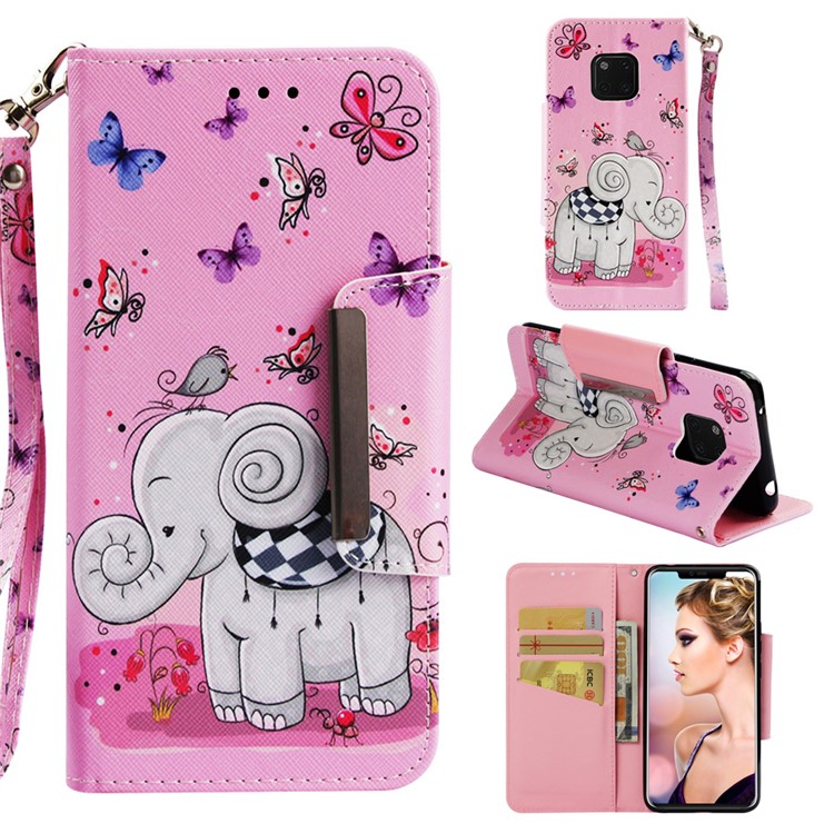 Pattern Printing PU Leather Wallet Case for Huawei Mate 20 Pro - Butterflies and Elephant-1