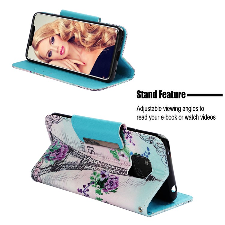 Pattern Printing PU Leather Magnetic Wallet Phone Cover for Huawei Mate 20 Pro - Eiffel Tower-4