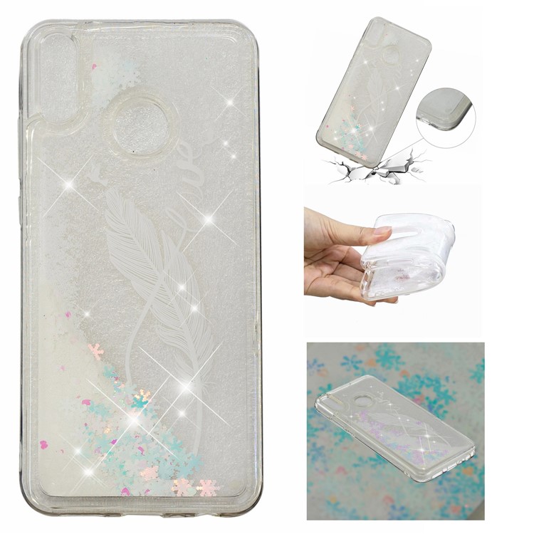 Dynamic Glitter Powder Sequins Patterned TPU Case for Huawei Honor 8X/Honor View 10 Lite - White Feather-1