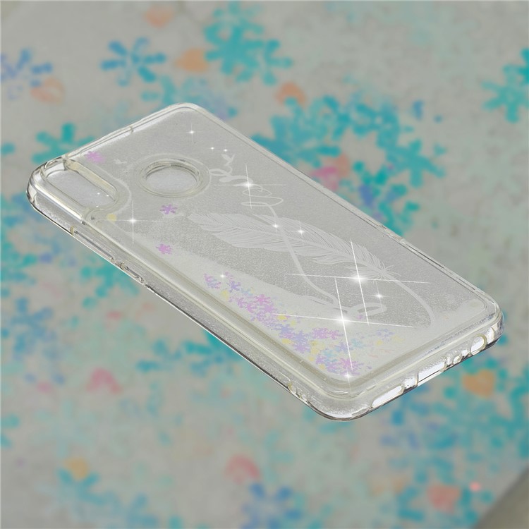 Dynamic Glitter Powder Sequins Patterned TPU Case for Huawei Honor 8X/Honor View 10 Lite - White Feather-3