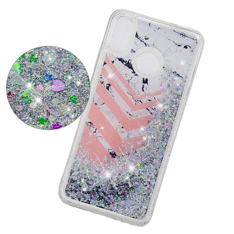 Dynamic Glitter Powder Sequins Patterned TPU Cover for Huawei Honor 8X/Honor View 10 Lite - Marble and V Shape Pattern-3