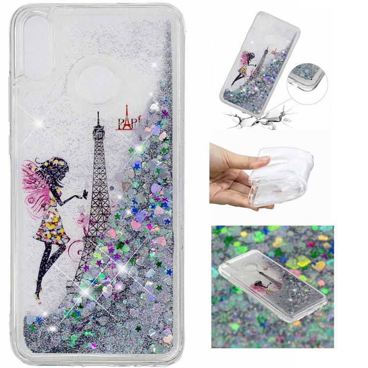 Dynamic Glitter Powder Sequins Patterned TPU Shell for Huawei Honor 8X/Honor View 10 Lite - Eiffel Tower and Butterfly Girl-1