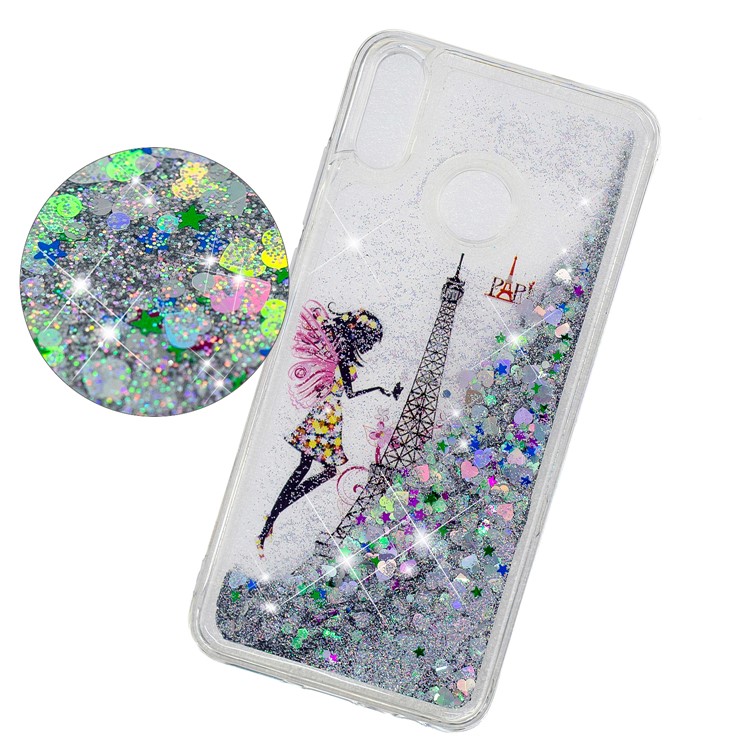 Dynamic Glitter Powder Sequins Patterned TPU Shell for Huawei Honor 8X/Honor View 10 Lite - Eiffel Tower and Butterfly Girl-3