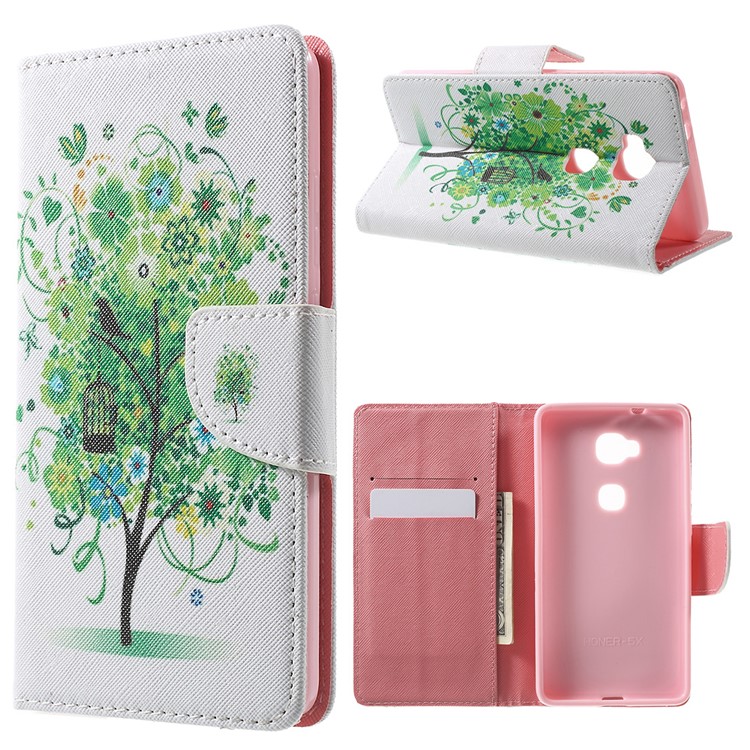 Leather Wallet Stand Case for Huawei Honor 5X - Birds and Cage-1