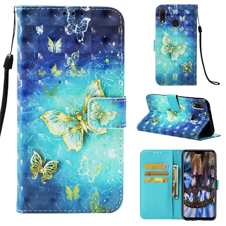 Light Spot Decor Pattern Leather Phone Cover for Huawei Y9 (2019) / Enjoy 9 Plus (China) - Gold Butterfly-1