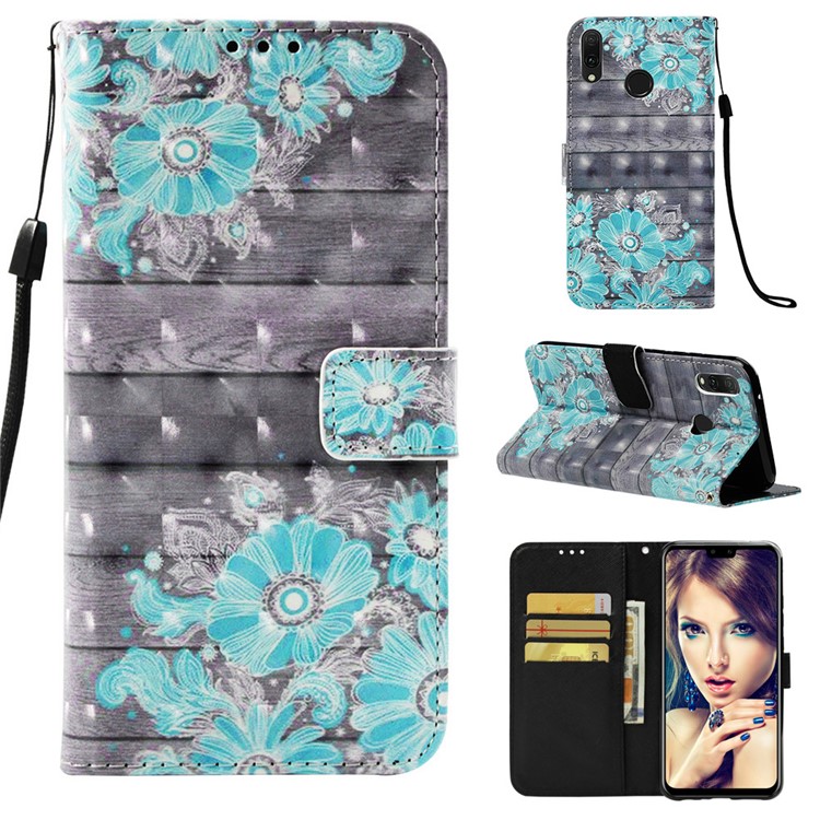 Light Spot Decor Pattern Leather Flip Shell for Huawei Y9 (2019) / Enjoy 9 Plus (China) - Blue Flower-1