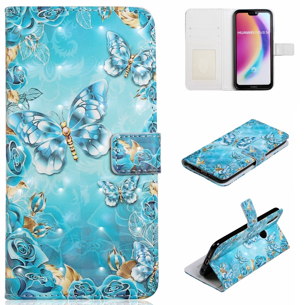 Estuche de Teléfono Móvil Protector de Cuero PU de Estallido Para Huawei P20 Lite / Nova 3e (China) - Mariposa Azul