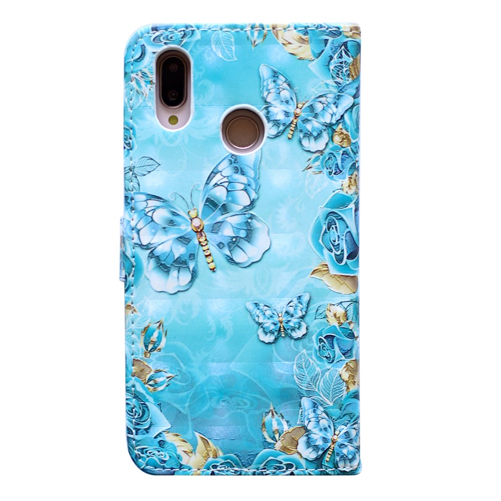 Modello di Goffratura PU Custodia Per Cellulare Protettiva in Pelle Per Huawei P20 Lite / Nova 3e (cina) - Farfalla Blu-3