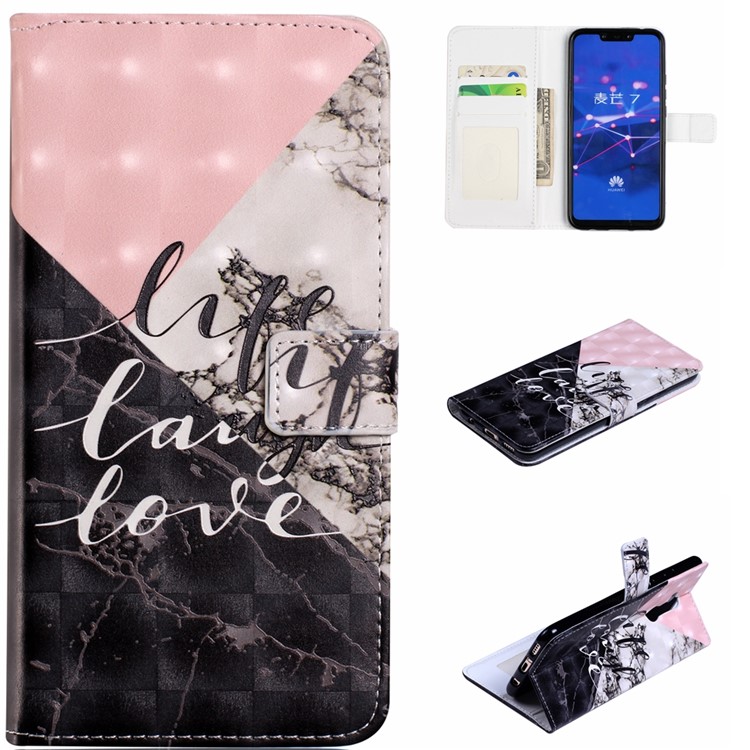 Light Spot Decor Patterned Embossed Leather Wallet Phone Case for Huawei Mate 20 Lite - Marble Texture and Characters-1