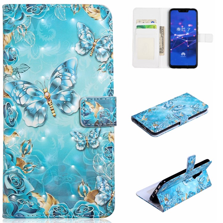Light Spot Decor Patterned Embossed Leather Wallet Shell Case Cover for Huawei Mate 20 Lite - Blue Butterfly-1