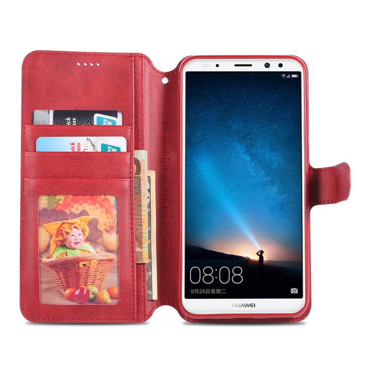 Caixa de Carteira de Suporte de Couro AZNS Para Huawei Mate 10 Lite / Maimang 6 - Vermelho